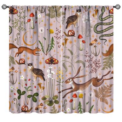 Rustic Forest Curtains Wild Animal Hare Squirrel Owl Snail Flowers Mushroom Pattern Decoration for Girls Room Blackout Farmhouse Window Drapes 2 Panels Pink Background 84x84in