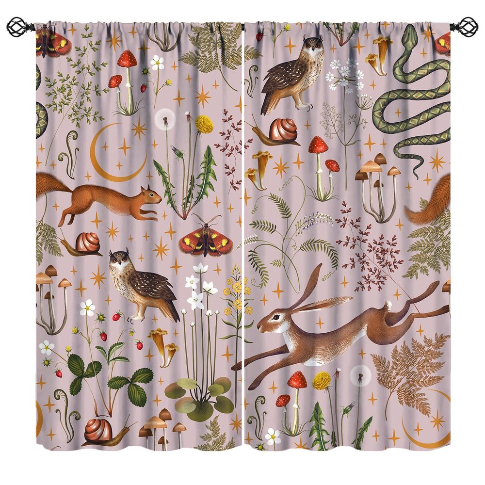 Rustic Forest Curtains Wild Animal Hare Squirrel Owl Snail Flowers Mushroom Pattern Decoration for Girls Room Blackout Farmhouse Window Drapes 2 Panels Pink Background 84x84in