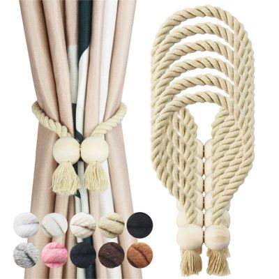 Porlau 6 Pack Dark Beige Magnetic Curtain Tiebacks Cotton Hand Woven Tieback Holdback Decorative Tie Backs for Drapes with Wooden Buckle No Tools Required