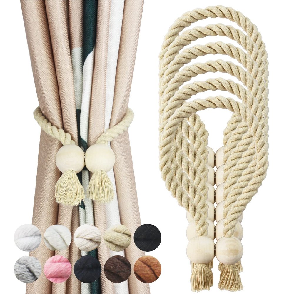 Porlau 6 Pack Dark Beige Magnetic Curtain Tiebacks Cotton Hand Woven Tieback Holdback Decorative Tie Backs for Drapes with Wooden Buckle No Tools Required
