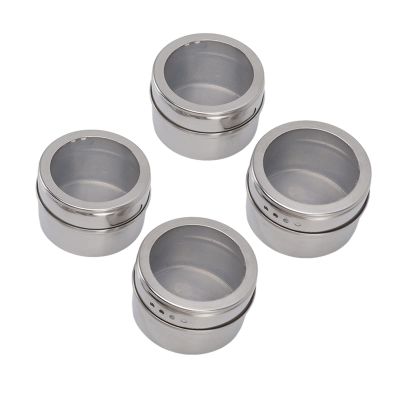 4Pcs Magnetic Spice Jars for Refrigerator, Stainless Steel Spice Tins with Label Seasoning Storage Container with Clear Shaker Lid Kitchen Organization