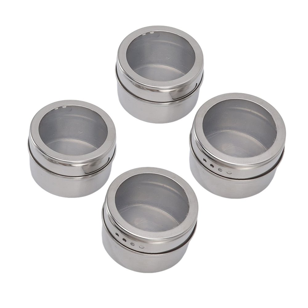4Pcs Magnetic Spice Jars for Refrigerator, Stainless Steel Spice Tins with Label Seasoning Storage Container with Clear Shaker Lid Kitchen Organization
