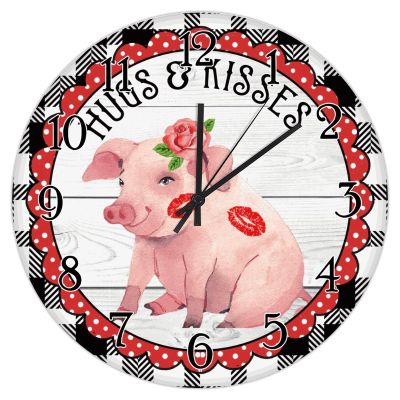 Rose Flower Pig Black Buffalo Plaid Red Dot Wood Wall Clock Hug & Kisses Farm Animal Pig Art Clocks Womens Valentines Day Clocks Battery Operated Wall Clock for Living Room 15inch