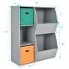 HONEY JOY 5 Cubbies Kids Toy Storage Organizer, Children Bookcase and Bookshelf w/2 Storage Boxes, Wooden Multi-Bins Toy Storage Display Cabinet for Playroom, Nursery, Daycare, Kindergarten(Gray) view 3