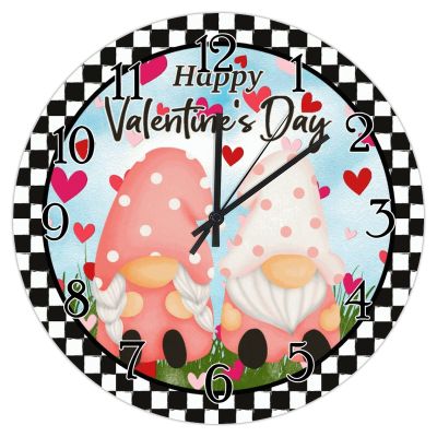 Art Clock Happy Valentine's Day Gnome Clock Black Buffalo Plaid Gnome Couple Wooden Clocks Valentine's Day Gift to Wife Battery Wood Clocks 15inch Birthday to Women