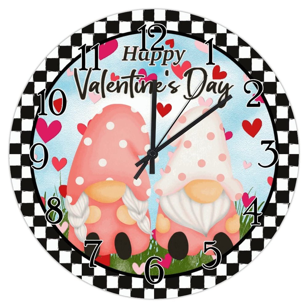 Art Clock Happy Valentine's Day Gnome Clock Black Buffalo Plaid Gnome Couple Wooden Clocks Valentine's Day Gift to Wife Battery Wood Clocks 15inch Birthday to Women