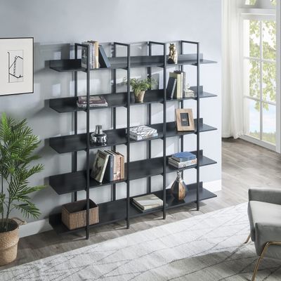 Bellemave Bookshelf,Double Wide 5-Tier Bookcase,Industrial Style Open Shelves, Wood and Metal Bookshelves for Home Office, Easy Assembly(Black)