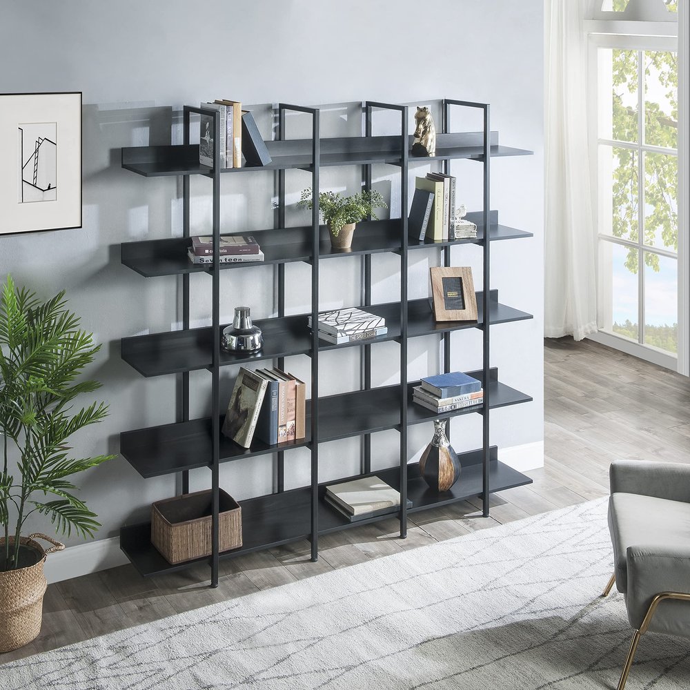 Bellemave Bookshelf,Double Wide 5-Tier Bookcase,Industrial Style Open Shelves, Wood and Metal Bookshelves for Home Office, Easy Assembly(Black)