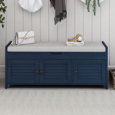 P PURLOVE Wood Storage Bench with 3 Shutter Doors, Shoe Bench with 2 Size Storage Space and with Removable Cushion and Hidden Storage Space for Entryway
