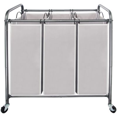 STO STO Laundry Sorter 3 Section, 3 Bag Clothes Hamper, Rolling Laundry Cart Basket with Heavy Duty Lockable Wheels and Removable Bag for Laundry Room, Bedroom, Closet, Gray