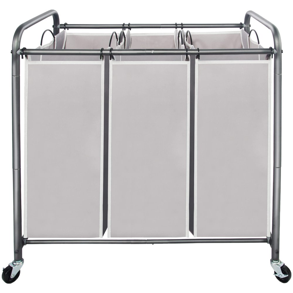 STO STO Laundry Sorter 3 Section, 3 Bag Clothes Hamper, Rolling Laundry Cart Basket with Heavy Duty Lockable Wheels and Removable Bag for Laundry Room, Bedroom, Closet, Gray