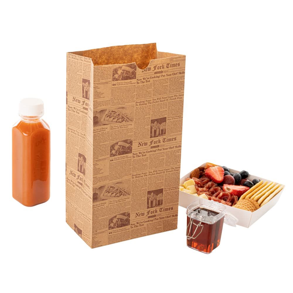 Restaurantware Bag Tek 8 Lb Disposable Lunch Bags 100 Sturdy Take Out Bags - Flat Bottom Microwavable Kraft Newsprint Design Paper Bags Freezable Great For Restaurants Cafes And Bakeries