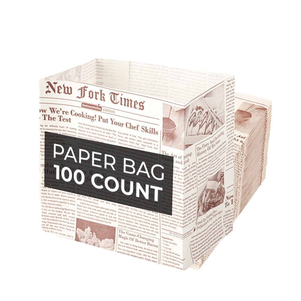 Restaurantware Bag Tek 4.3 x 2.5 x 3.8 Inch Treat Bags 100 Sturdy Take Out Bags - Flat Bottom Microwavable Sepia Newsprint Paper Snack Bags Freezable Great For Restaurants Cafes And Bakeries