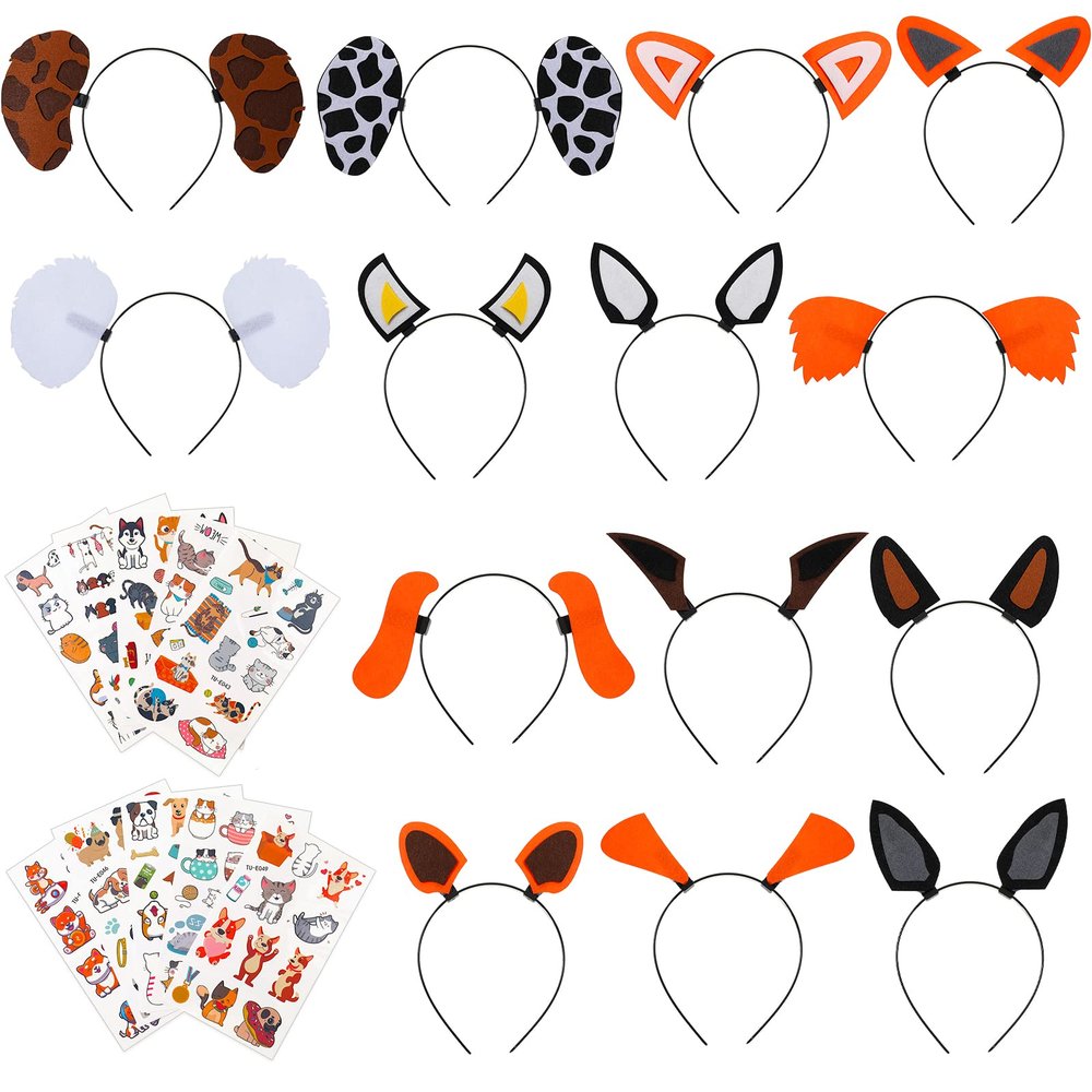14 Pcs Dog Ears Headband, Puppy Ears for Dog Party Birthday Party Supplies with 10 Sheets Puppy Tattoos Photo Booth Props