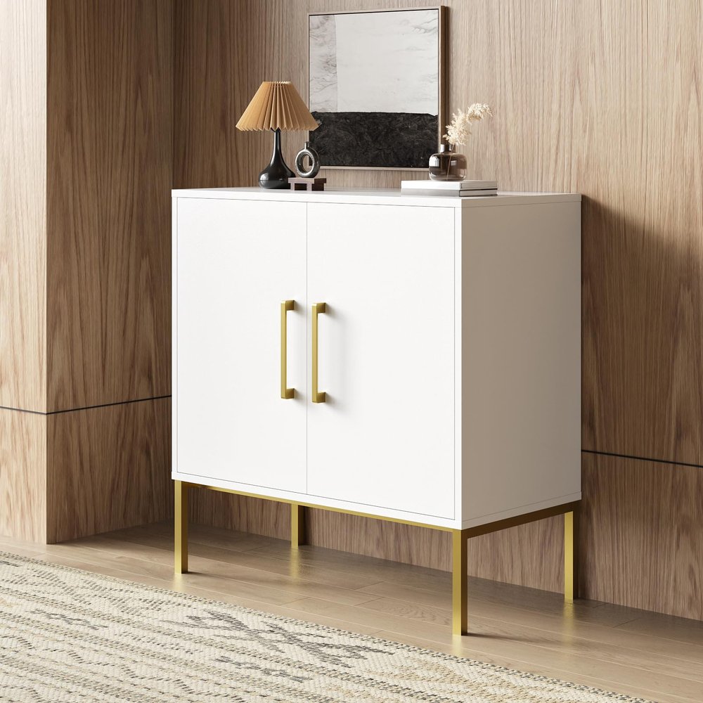 LYNSOM Storage Cabinet with Doors, Free Standing Living Room Cabinet, Modern Wood Buffet Sideboard for Kitchen, Bedroom, Hallway, Entryway, Office, White