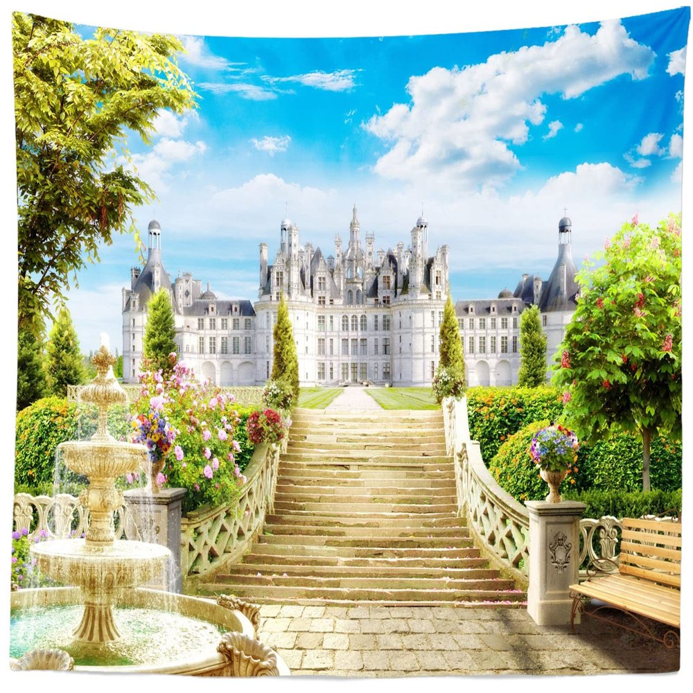 BELECO Fantasy Castle Garden Tapestry Wall Hanging 118x78 Inch Stairway to Castle Tapestry Garden Fountain Flowers Trees Blue Sky White Clouds Garden Castle Wall Decor for Home Bedroom Living Room
