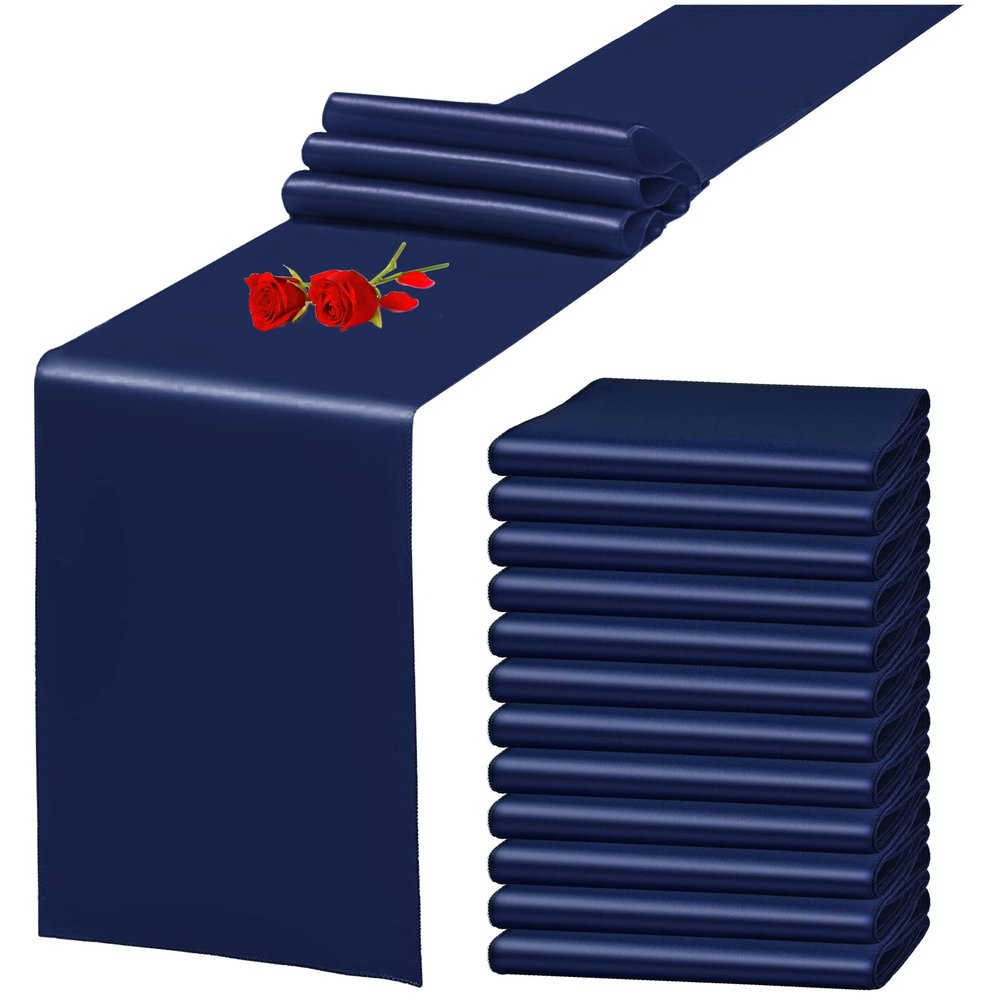 12 Pack Navy Blue Satin Table Runner 12 x 108 Inch Long Premium Table Runners for Wedding Party Events Decoration, Birthday Parties, Banquets Decorations, Graduations, Engagements