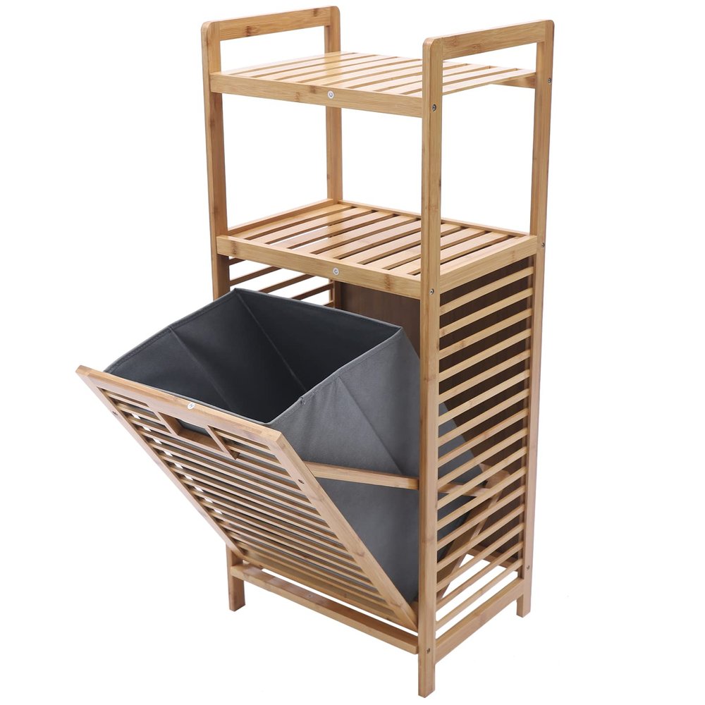 Bamboo Clothes Hamper Wood Shelf Laundry Washing Basket Multi-layer Dirty Clothes Organizer Collector with Fabric Bag for Bedrooms Laundry Room Bathroom Living Room (Style 1)