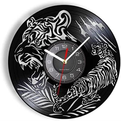 12 Inch Wall Clock Tiger Silhouette Laser Vinyl Record Wall Clock Wild Animals Home Decor Timepieces Big Cat Forest Artwork Watch