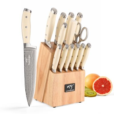 Knife Set, 14 Pieces Damascus Kitchen Knife Set with Block, ABS Ergonomic Handle for Chef Knife Set, Knife Sharpener and Kitchen Shears, Knife Block Set for Chopping, Slicing & Cutting