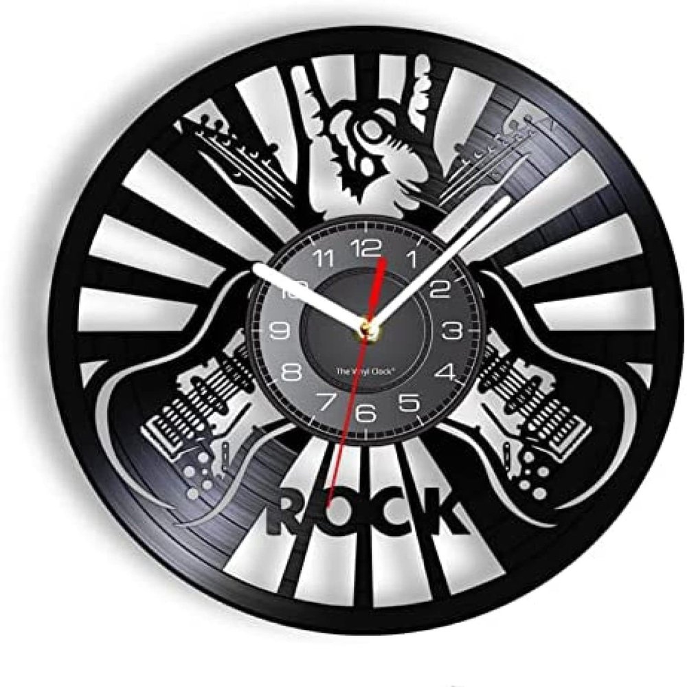 12 Inch Wall Clock Rock Hand Sign Wall Art Wall Clock Music Room Wall Decor Vinyl Record Clock Rock Music Lover Guitar Players Gift Guitar Ornament
