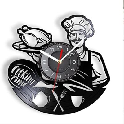 12 Inch Wall Clock Head Chef Cooking Time Vinyl LP Record Wall Clock Kitchen Accessories Dinning Room Resturant Artwork Decor Vintage Chef Watch