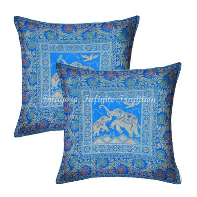 Infinite Tradition Ethnic Brocade Sofa Throw Pillow Cover Silk 16x16 Set of 2 Turquoise Gold Jacquard Weave Home Decor Elephant Pattern Square Cushion Covers