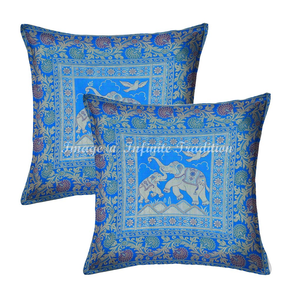 Infinite Tradition Ethnic Brocade Sofa Throw Pillow Cover Silk 16x16 Set of 2 Turquoise Gold Jacquard Weave Home Decor Elephant Pattern Square Cushion Covers