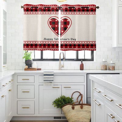 Valentine's Day Window Curtain Romantic Red Love Hearts Windows Drapes Panel, Vintage Tartan Plaid Light Filtering Kitchen Cafe Curtains Drape Treatment Set of 2 with Grommet Top