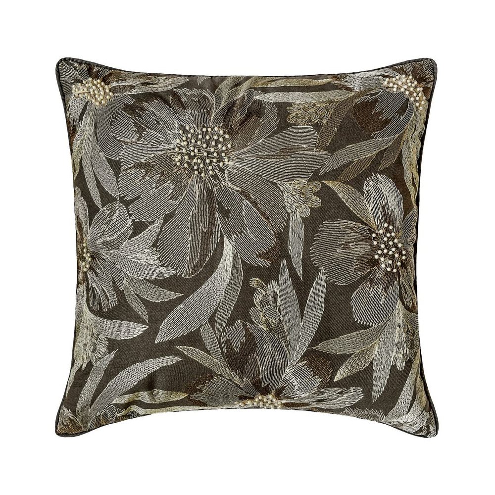The HomeCentric Decorative Grey 16"x16" (40x40 cm) Throw Pillows, Wool Embroidery & Pearl Throw Pillows for Couch, Floral Pattern Modern Easter - Alyssa