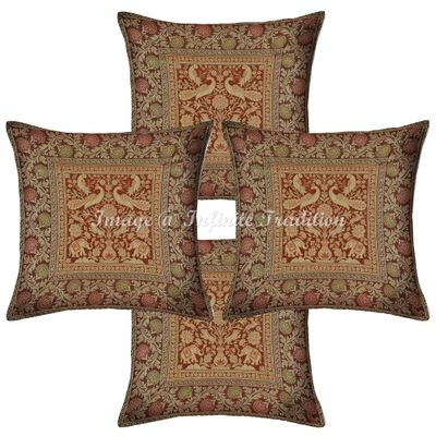 Infinite Tradition Decorative Brocade Living Room Throw Pillow Cover Silk 16x16 Set of 4 Dark Brown Gold Jacquard Weave Home Decor Elephant Pattern Square Cushion Covers