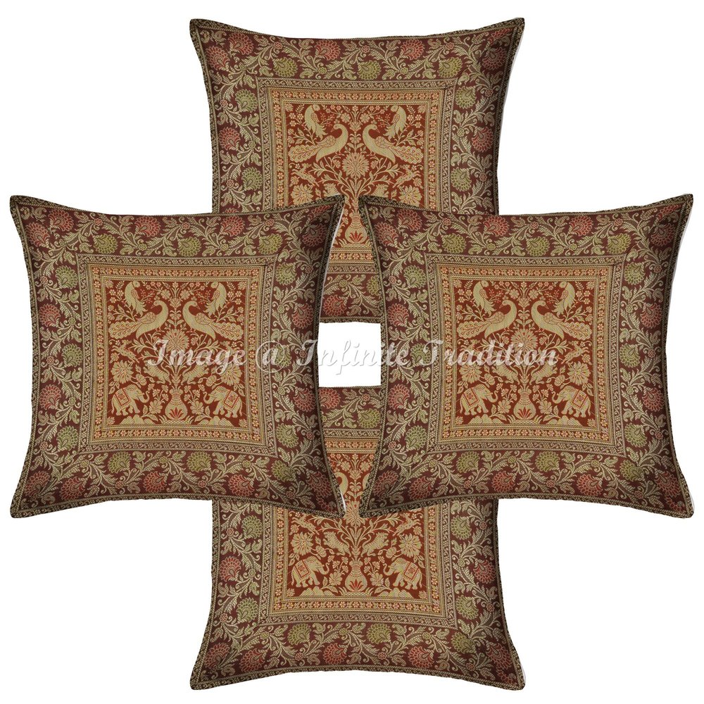 Infinite Tradition Decorative Brocade Living Room Throw Pillow Cover Silk 16x16 Set of 4 Dark Brown Gold Jacquard Weave Home Decor Elephant Pattern Square Cushion Covers