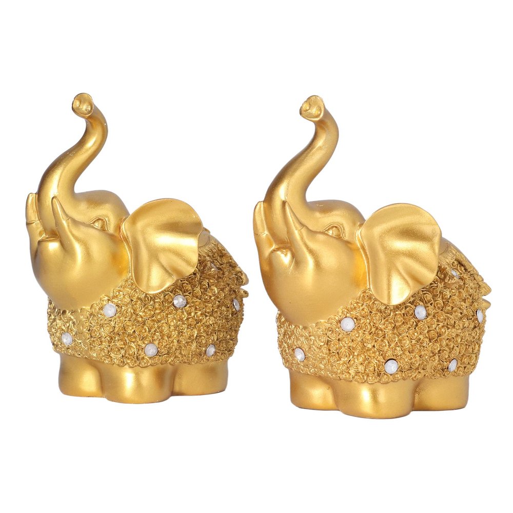 1Pair Gold Feng Shui Elephant Animal Statues Resin Good Luck Elephant Statues Elephant Figurine Statue Decor Home Table Decoration Craft Ornament(3.9 x 3.5 x 5.5in)