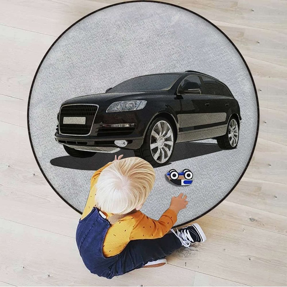 Car Designed Round Carpet Playmat - Play Learn and Have Fun Safely,Crawling Mat, Educational Soft Rug, Shower/Birthday Gift, Cars Classical Retro Vehicle,Black White Grey Diameter 60 in