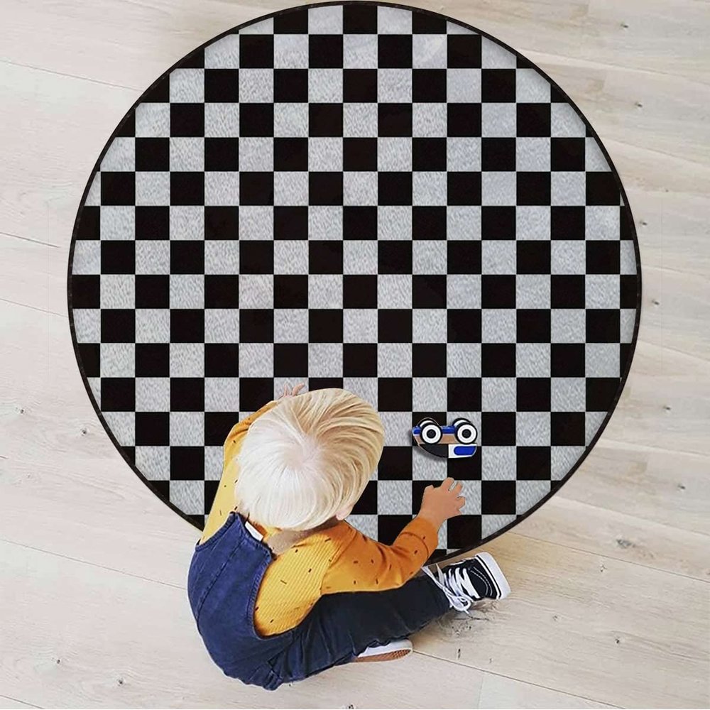 Checkered Gaming Chair Mat Round Floor Mats for Office Chair Computer Gaming Desk Mat for Rolling Chair Non-Slip Gaming Rug Checkers Game Geometric Grid Style,White Charcoal Diameter 43.3 in