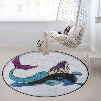 Anime Soft Microfiber Polyester Non-Slip Round Mat/Runner, Plush Water Absorbent Accent Rug for Bathroom Vanity, Bathtub/Shower, Manga Cartoon Style,Blue and White Diameter 60 in