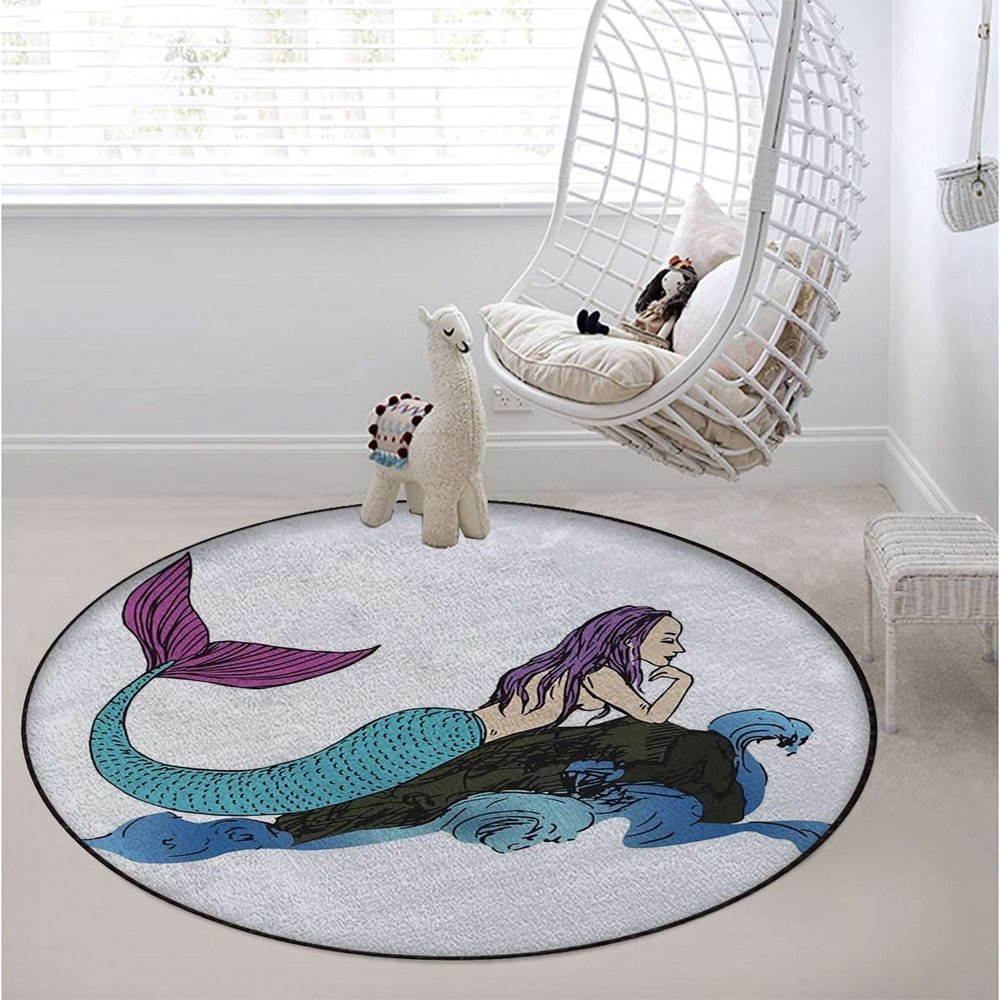 Anime Soft Microfiber Polyester Non-Slip Round Mat/Runner, Plush Water Absorbent Accent Rug for Bathroom Vanity, Bathtub/Shower, Manga Cartoon Style,Blue and White Diameter 60 in