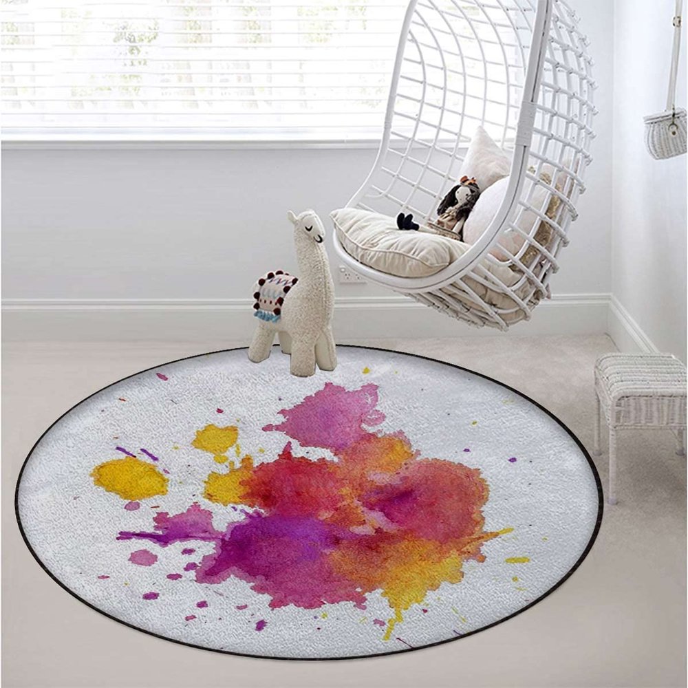 Abstract Round Chair Cushion,Floor mat thickest Chair Cushion, Hardwood Floor Protection mat for Office and Home Computer Chairs, Vibrant Design in Rainbow Colors Stains,Yellow Blue Diameter 47.2 in