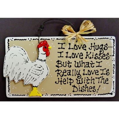 1 Pcs Taupe Rooster Sign Hugs/Kisses/Dishes Kitchen Plaque Wall Hanger Country Chicken Decor