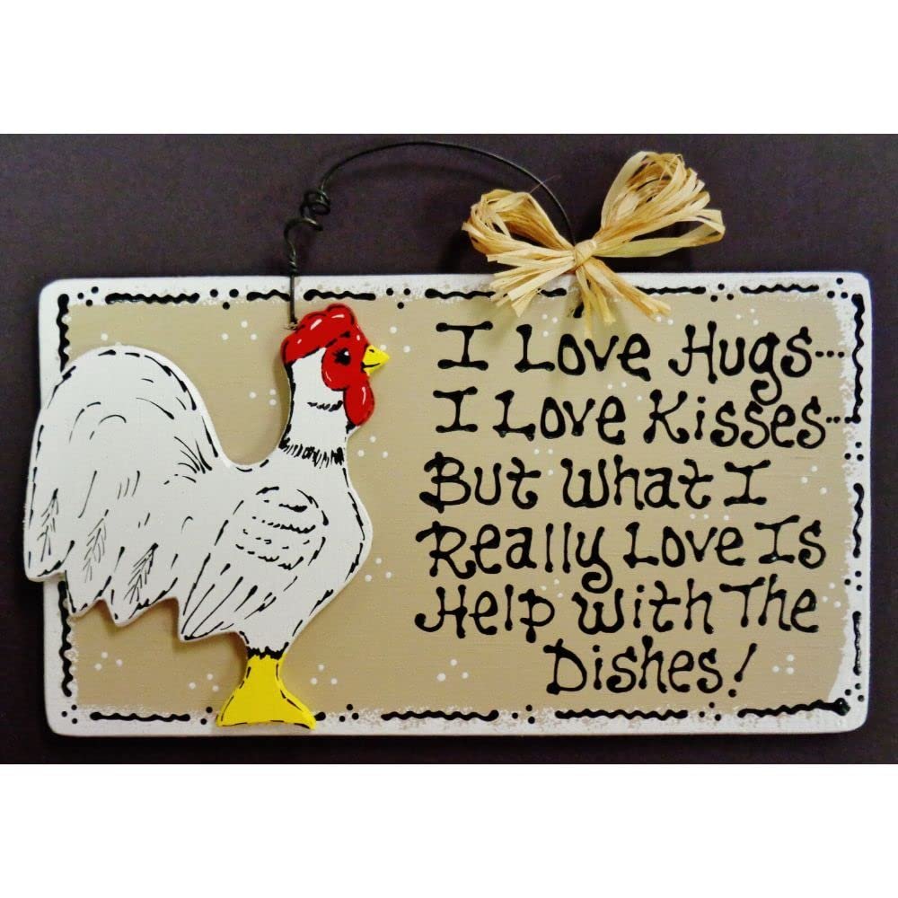 1 Pcs Taupe Rooster Sign Hugs/Kisses/Dishes Kitchen Plaque Wall Hanger Country Chicken Decor