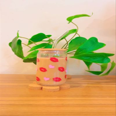Iced Coffee Glass Cup with Bamboo Lid and Straw | 16oz Beer Can Glass | beer glass Cup | Can Shaped Glass Soda Can Cup | Heart and lips can Glass Cup, Beer Glass Can, Glass Coffee Cup