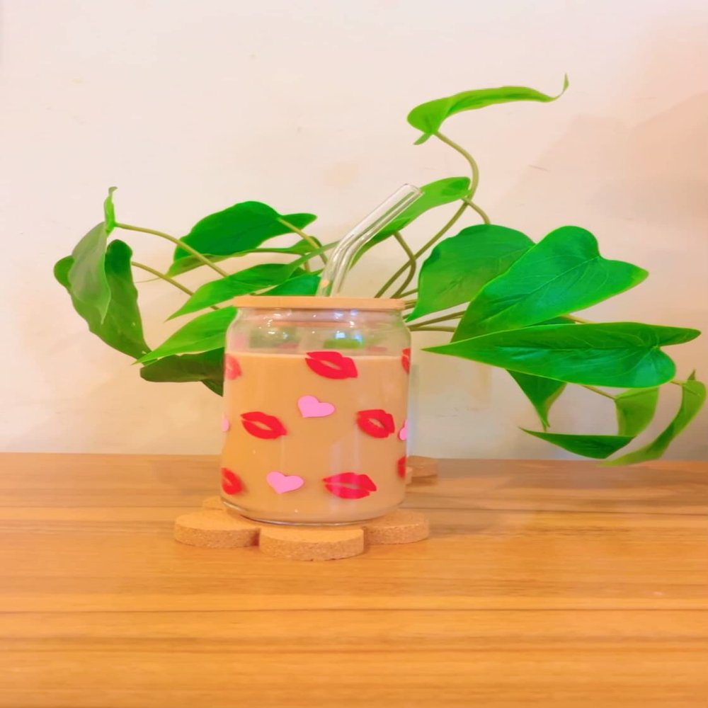 Iced Coffee Glass Cup with Bamboo Lid and Straw | 16oz Beer Can Glass | beer glass Cup | Can Shaped Glass Soda Can Cup | Heart and lips can Glass Cup, Beer Glass Can, Glass Coffee Cup