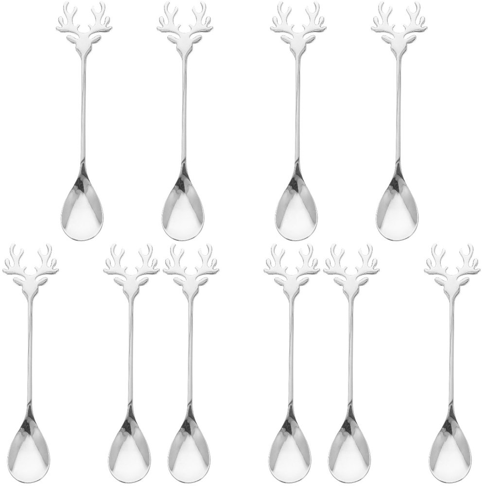 Luxshiny 10pcs Stainless Steel Coffee Spoons, Elk-shaped Christmas Stirring Spoons, Silver Teaspoons for Tea, Dessert, Soup, Mixing, Safe for Kids, 5.5 Inch