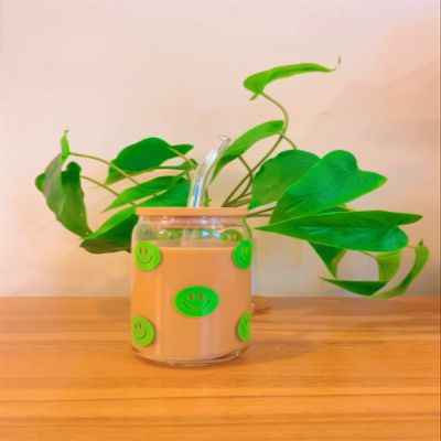 Iced Coffee Glass Cup with Bamboo Lid and Straw | 16oz Beer Can Glass | beer glass Cup | Can Shaped Glass Soda Can Cup | smiley face green Glass Cup, Beer Glass Can, Glass Coffee Cup