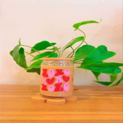 Iced Coffee Glass Cup with Bamboo Lid and Straw | 16oz Beer Can Glass | beer glass Cup | Can Shaped Glass Soda Can Cup | Xoxo can Glass Cup, Beer Glass Can, Glass Coffee Cup