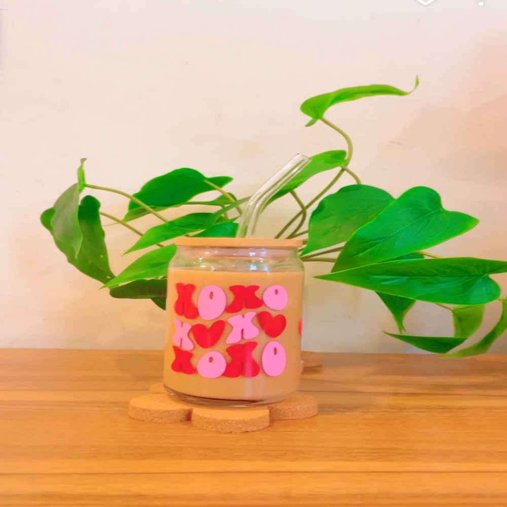 Iced Coffee Glass Cup with Bamboo Lid and Straw | 16oz Beer Can Glass | beer glass Cup | Can Shaped Glass Soda Can Cup | Xoxo can Glass Cup, Beer Glass Can, Glass Coffee Cup