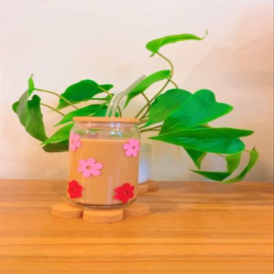 Iced Coffee Glass Cup with Bamboo Lid and Straw | 16oz Beer Can Glass | beer glass Cup | Can Shaped Glass Soda Can Cup | Retro flowers pink and red Glass Cup, Beer Glass Can, Glass Coffee Cup
