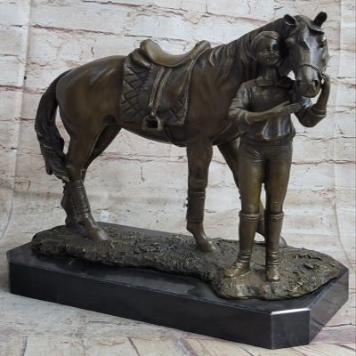 EUROPEAN BRONZE Art Deco Female Woman Jockey with her Horse Bronze Sculpture Hand Made Decorative Gift Handmade