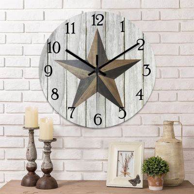 10 Inch Round Wall Clock Western Texas Star Decorative Wall Clock Vintage Wood Clock Non-Ticking Battery Operated Quiet Easy to Read Vintage Time Clock for Living Room Bathroom Office Home Accent