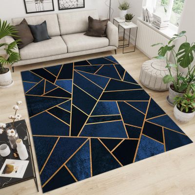 Black Blue Geometric Marble Texture Area Rug, Golden Line Light Luxury Non-Slip Carpet, Soft Rug Washable Breathable Durable for Living Room Bedroom Dining Room Boy Girl Decor 5 x 8ft